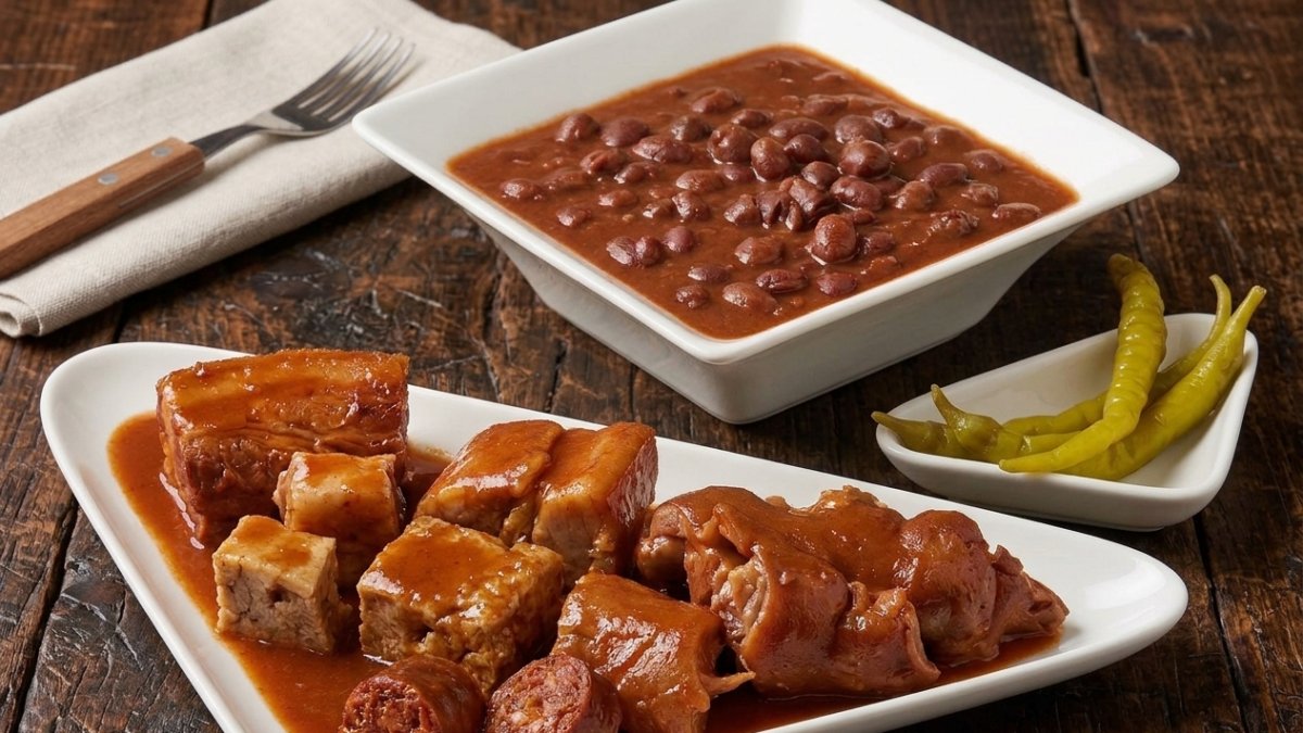 Olla podrida, plato tradicional de Burgos. Servido en diferentes platos en un mesión castellano (imagen editada con IA)