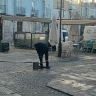 Un técnico de control de plagas del Ayuntamiento revisa una alcantarilla en la plaza de La Flora.