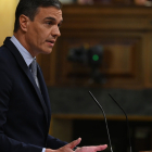 Pedro Sánchez, durante su intervención en la primera sesión del debate sobre el Estado de la Nación. LA MONCLOA