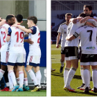 Los jugadores del Mirandés y del Burgos CF celebran un gol. LALIGA / TOMÁS ALONSO
