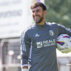 Caro, durante un entrenamiento con el Burgos CF.