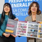 Las procuradoras del PP por Burgos Carmen Santillana y Marta Arroyo muestran un resumen gráfico de los presupuestos esbozados por la Junta para 2027.