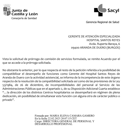 Oficio en el que la Consejería de Sanidad advierte de la incompatibilidad.