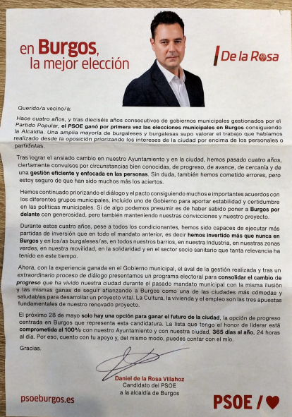 Carta del candidato al Ayuntamiento de Burgos, Daniel de la Rosa.