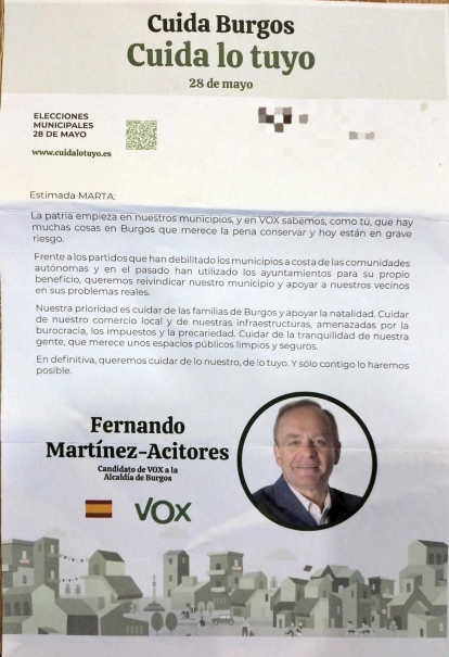 La carta de la candidatura de Vox apela al tú, con el nombre del destinatario incluido. Cercanía y bandera para lanzar algunas pinceladas de su programa