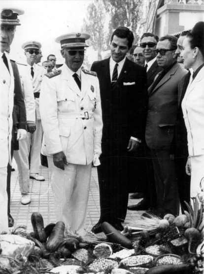 El gobernador civil de Segovia, Adolfo Suárez, recibe a Franco en la estación de Turrubuelo-Sepulveda (Segovia)