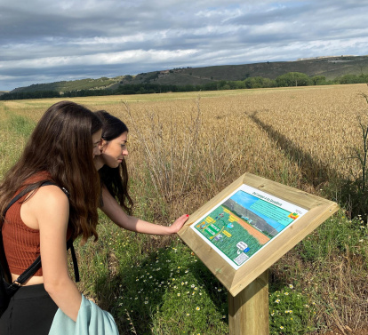 Alumnas observan uno de los carteles de la ruta.
