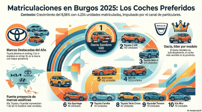 Los coches más vendidos en Burgos en 2025 Toyota Yaris Cross, Dacia Sandero y MG ZS.