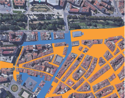 Propuesta de peatonalización del Partido Popular. En azul las nuevas intervenciones en Calle Santander, Plaza del Cid y calle Vitoria. En naranja las 45 calles que ya son peatonales.