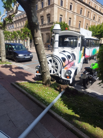 El tren chocó contra un árbol y derribó una señal de tráfico.