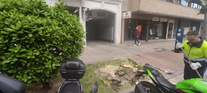 El tren chocó contra un árbol y derribó una señal de tráfico.