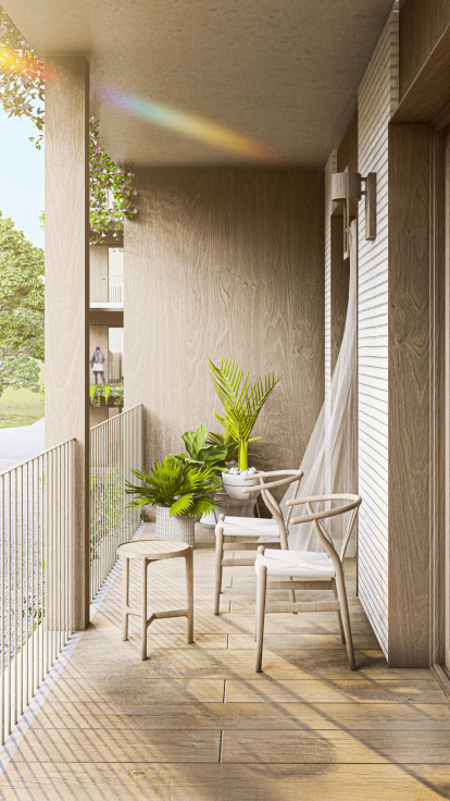 Vista de una de las terrazas de las viviendas colaborativas de alquiler para jóvenes en Burgos.