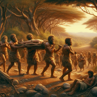 Traslado de un integrante de la tribu en la época de los preneandertales de la Sima de los Huesos según la IA.