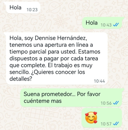 Captura de pantalla de una oferta de trabajo fraudulenta por WhatsApp (I).