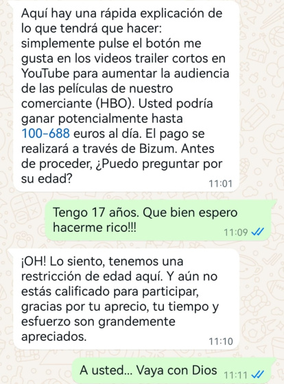 Captura de pantalla de una oferta de trabajo fraudulenta por WhatsApp (II).