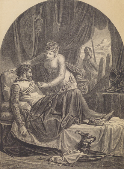 Representación en una litografía del siglo XIX del episodio, legendario, en que Leonor habría salvado la vida de su esposo Eduardo I durante la Novena Cruzada.