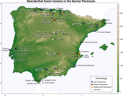 Mapa de los neandertales ibéricos y sus antepasados analizados en este trabajo.