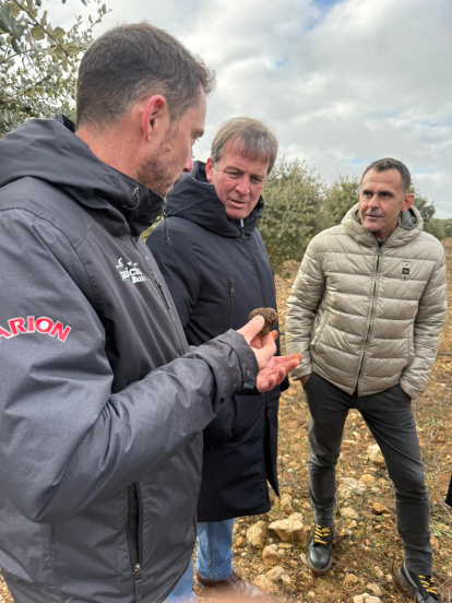 Suárez contempla un 'ejemplar' de trufa negra durante su visita a la plantación de Tórtoles de Esgueva.