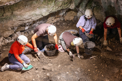 Trabajos de excavación en Portalón de Cueva Mayor donde se trabaja en dos superficies de 30 metros cuadrados cada una. La superior trabajan en niveles del hierro por primera vez. Abajo el neolítico más antiguo.